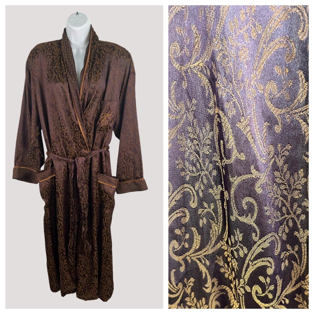 Vintage 1980s Victoria’s Secret Gold‎ Label Brocade Robe Burgundy Brown M/L